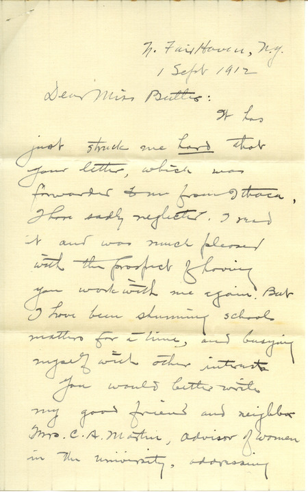 Handwritten letter from James G. Needham to Hortense Butler Heywood.