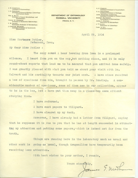 Typed letter from James G. Needham to Hortense Heywood. Discusses a collection of what may be insect specimens recently receive by Needham.