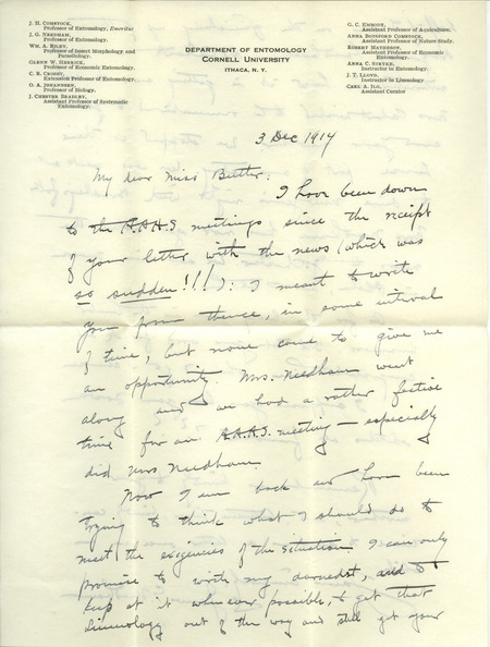 Handwritten letter from James G. Needham to Hortense Butler Heywood.
