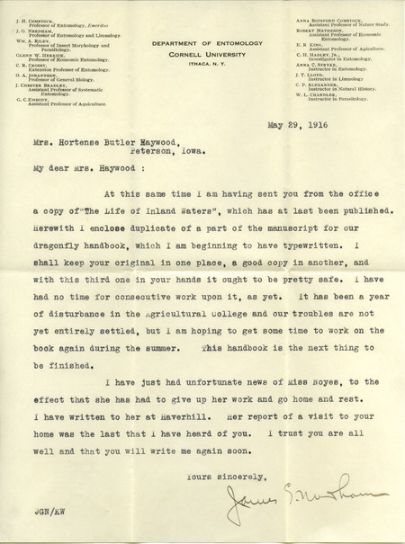 Typed letter from James G. Needham to Hortense Butler Heywood. Discusses their collaboration on dragonfly handbook.