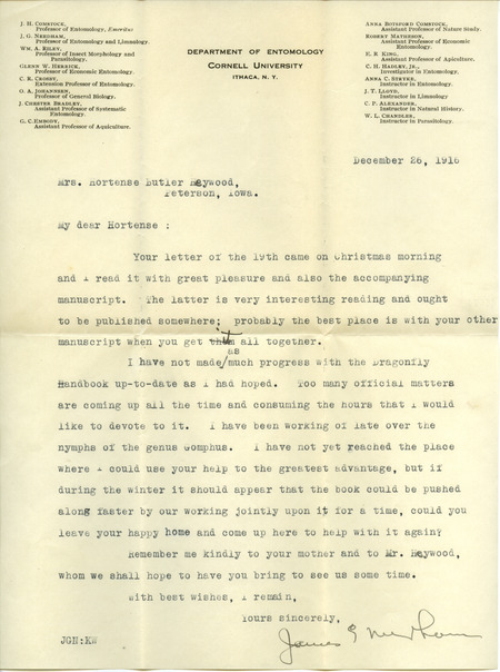 Typed letter from James G. Needham to Hortense Butler Heywood. Discusses their collaboration on dragonfly handbook.