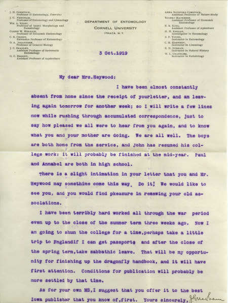 Typed letter from James G. Needham to Hortense Butler Heywood. Briefly mentions the dragonfly handbook, on which they collaborated.