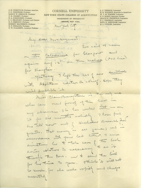 Handwritten letter from James G. Needham to Hortense Butler Heywood. Concerns the publication of A Handbook of the Dragonflies of North America, which they co-authored.
