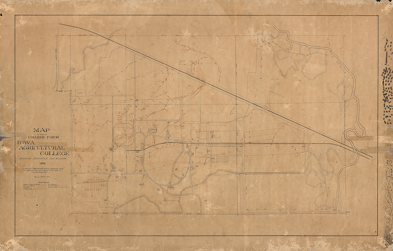 Map of part of Iowa Agricultural College's college farm from 1896, showing drain tiles and sewers.