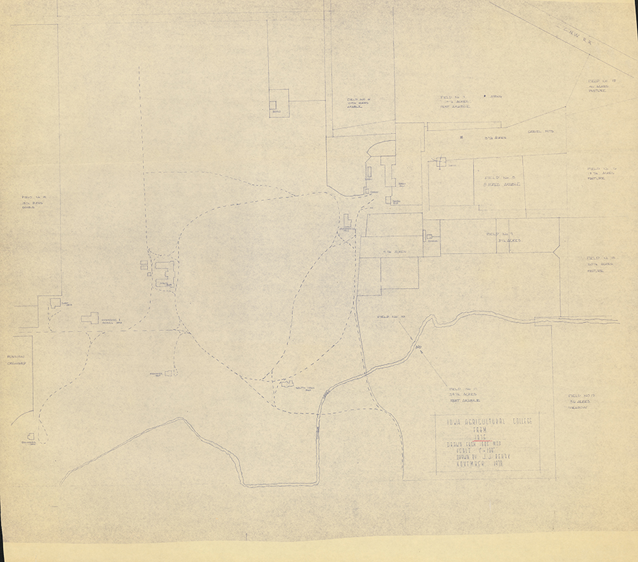 Map of Iowa Agricultural College farm in 1875, redrawn in 1970 from an 1885 map.
