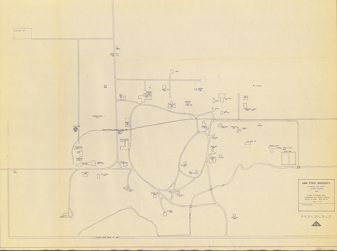 Map from the historical map series of Iowa State University showing central campus as it was in 1898.