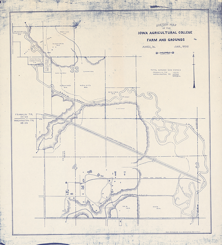 Map of the Iowa State College grounds including township information and acreage totals.