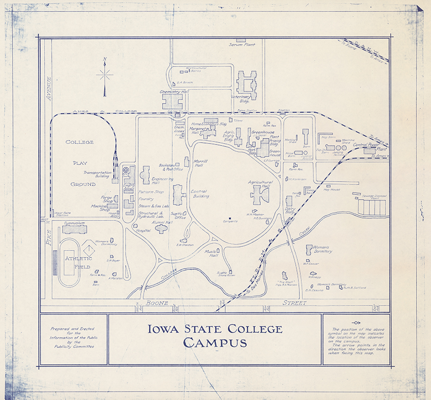 Map of the Iowa State College campus prepared by the Publicity Committee.