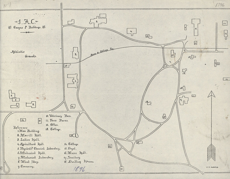 Map of the Iowa Agricultural College campus and buildings from 1896, including a reference key.