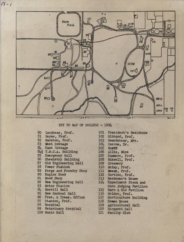 Map of Iowa Agricultural College with a key listing where specific professors and halls reside from 1904.