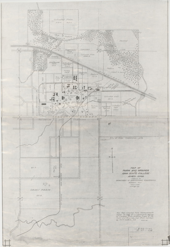 Map from 1913 of the campus and farm of Iowa State College. Created by  the Iowa State College Department of Agricultural Engineering.