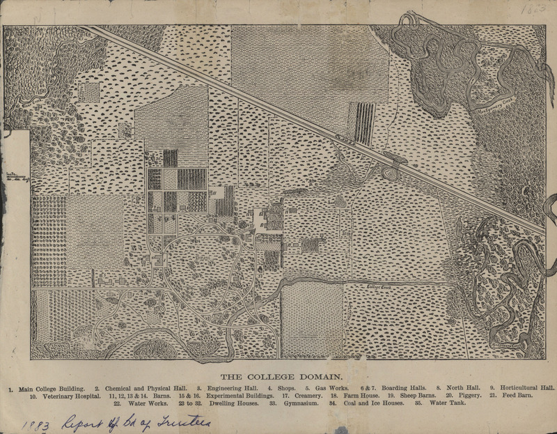 Map from 1883 of Iowa State College campus, including a building legend.