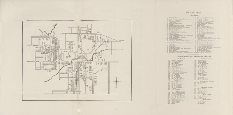 Map of the Iowa State College campus and surrounding area from 1920, including building legend.