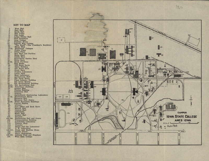 Map of Iowa State College campus in Ames, Iowa from 1923, including a building key.