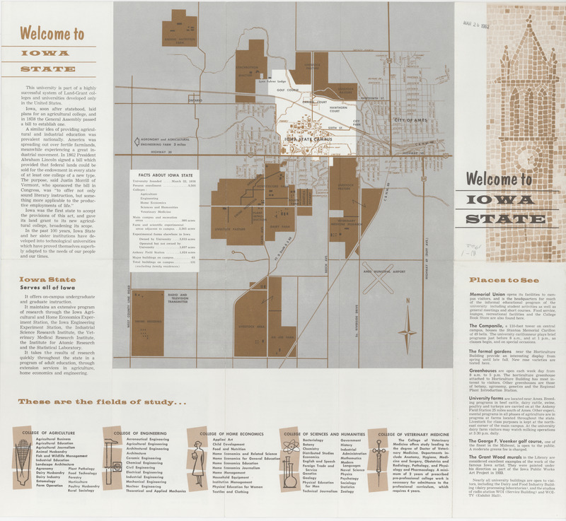 Map and guide to the campus of Iowa State University, including a building key from 1962.