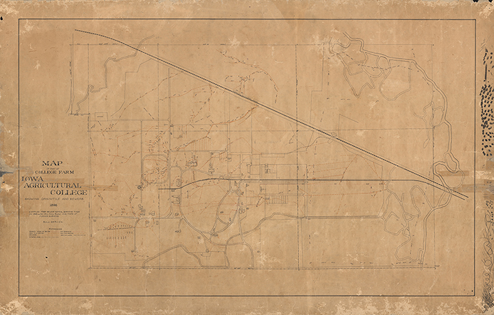 Map of part of Iowa Agricultural College's college farm from 1896, showing drain tiles and sewers.