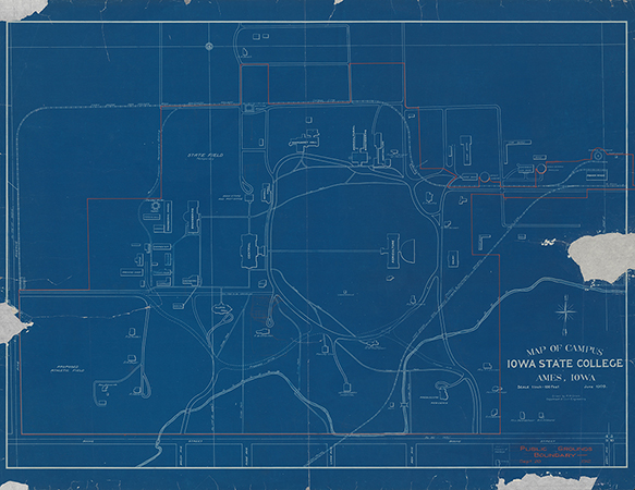 Map of Iowa State College's campus in 1909, including a public grounds boundary.