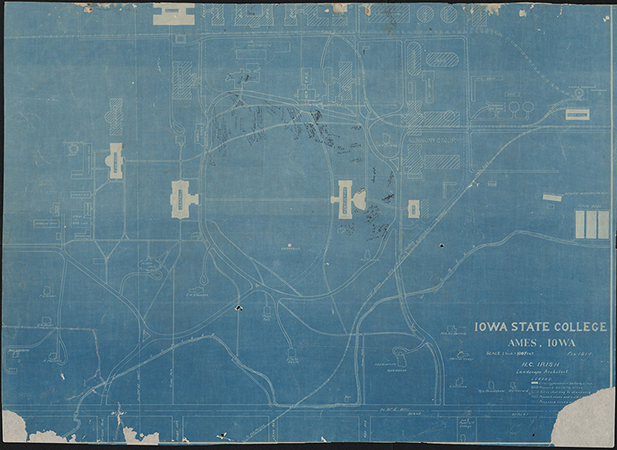 Map of the Iowa State College campus prepared by H.C. Irish, landscape architect. The map has landscaping notes written on it.