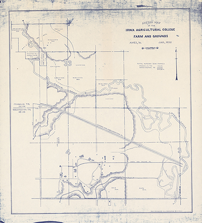 Map of the Iowa State College grounds including township information and acreage totals.