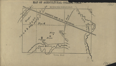 Map of Agricultural College Farm including the barn, house, college, and surrounding landscape in 1868.