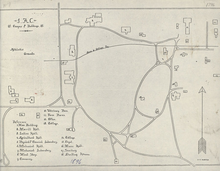 Map of the Iowa Agricultural College campus and buildings from 1896, including a reference key.