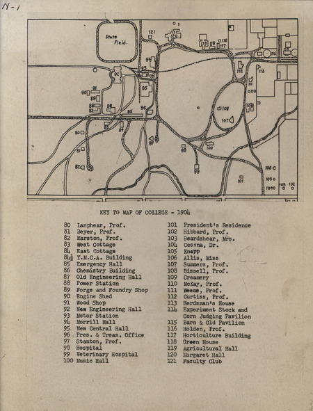 Map of Iowa Agricultural College with a key listing where specific professors and halls reside from 1904.
