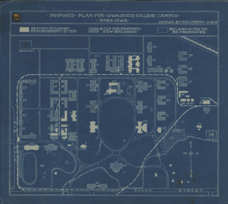 Blueprint map showing proposed plan for Iowa State College campus in Ames, Iowa. Drawn by R. S. Johnson in 1913, includes key of buildings on campus.