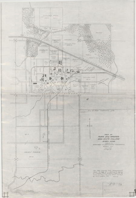 Map from 1913 of the campus and farm of Iowa State College. Created by  the Iowa State College Department of Agricultural Engineering.