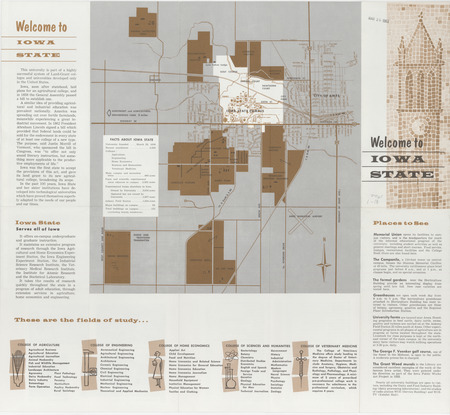 Map and guide to the campus of Iowa State University, including a building key from 1962.