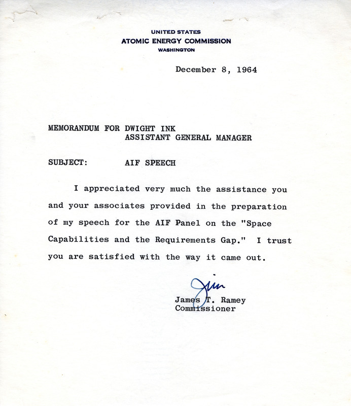 James T. Ramey memorandum to Dwight Ink, December 8, 1964