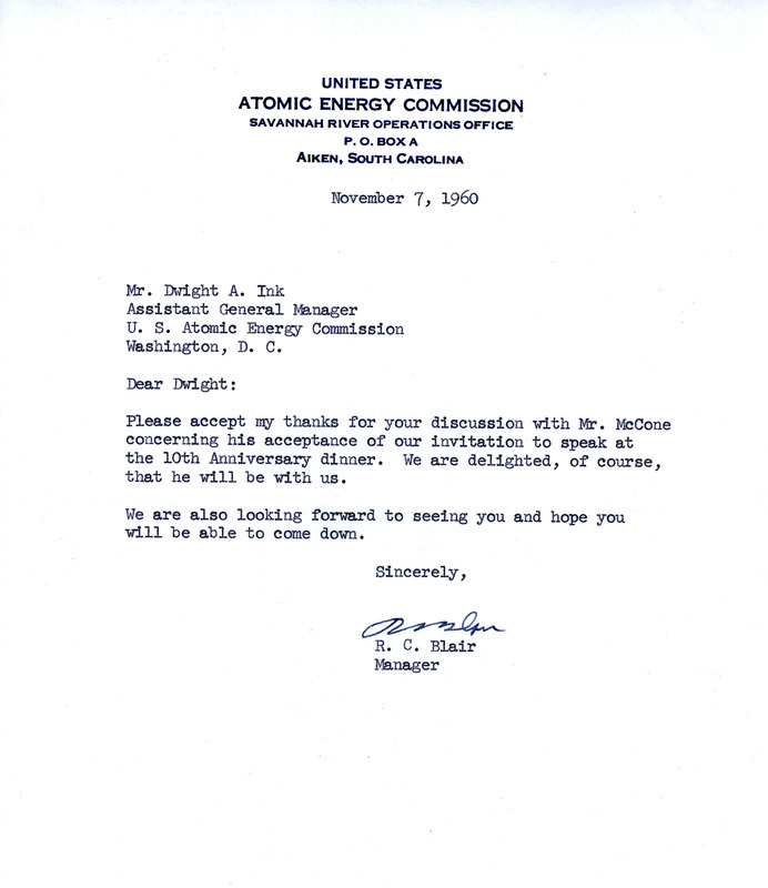 R.C. Blair letter to Dwight Ink, November 7, 1960
