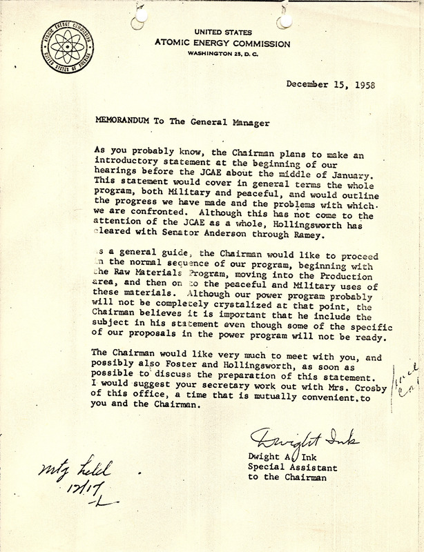 Dwight Ink memorandum to the general manager, December 15, 1958