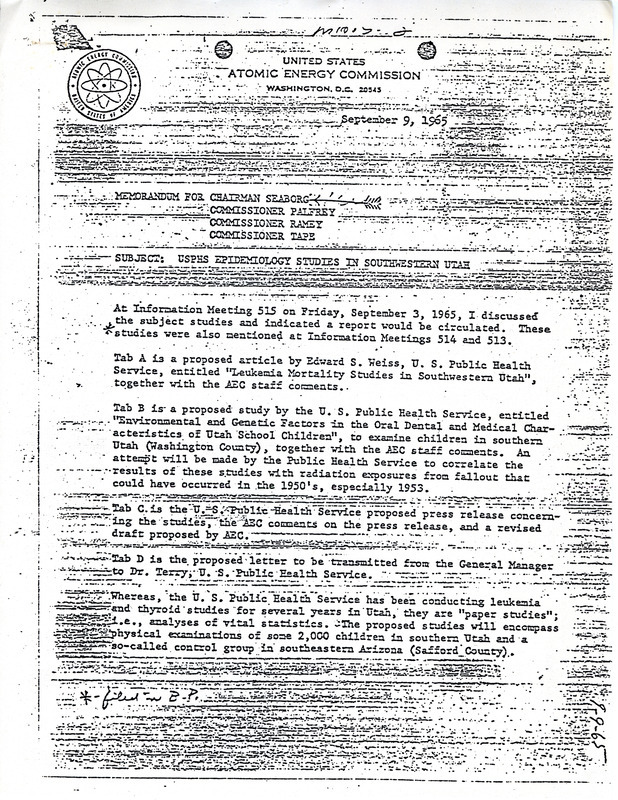 Annotation: The subject is "USPHS [United States Public Health Service] Epidemiology Studies in Southern Utah."