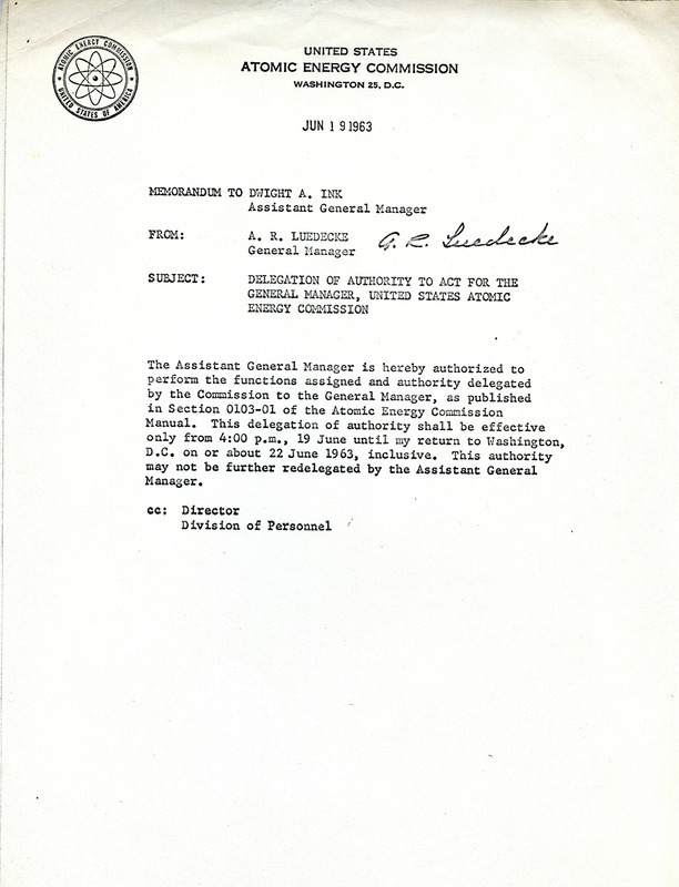Annotation: The subject is "Delegation of Authority to Act for the General Manager, United States Atomic Energy Commission."