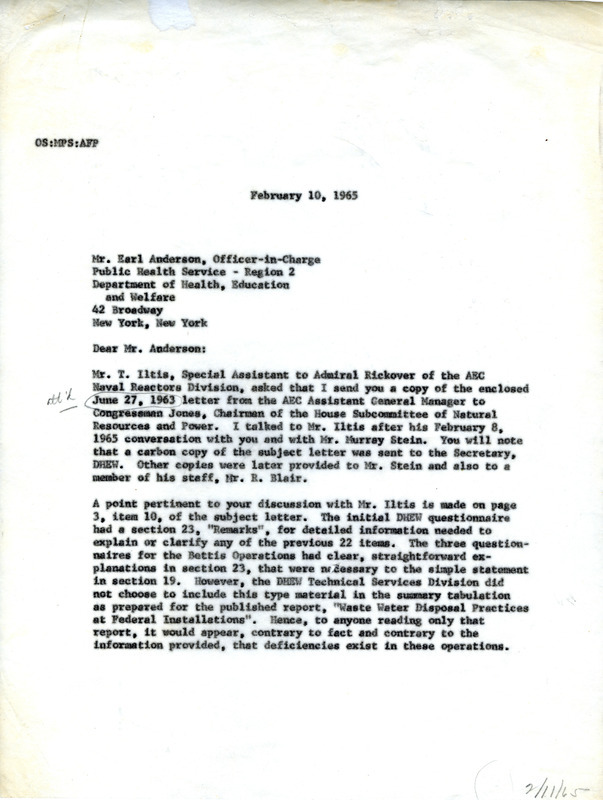 Alex F. Perge letter to Earl Anderson, February 10, 1965