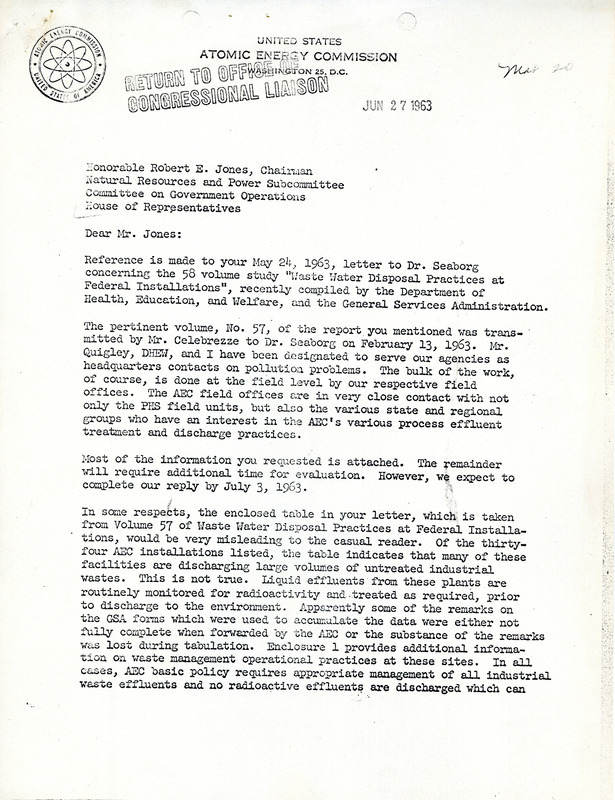 Annotation: The letter refers to a 58-volume study, "Waste Water Disposal Practices at Federal Installations," compiled by the Department of Health, Education, and Welfare, and the General Services Administration." The letter includes a 6-page enclosure regarding volume 57 that focuses on possible untreated industrial waste being discharged into the environment.