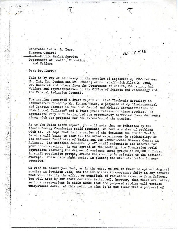 Annotation: This letter has two attachments containing Atomic Energy Commission staff comments on two reports about health effects of environmental radiation effects on Utah school-age children.