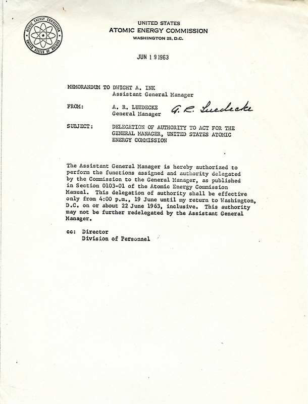 Annotation: The subject is "Delegation of Authority to Act for the General Manager, Atomic Energy Commission."