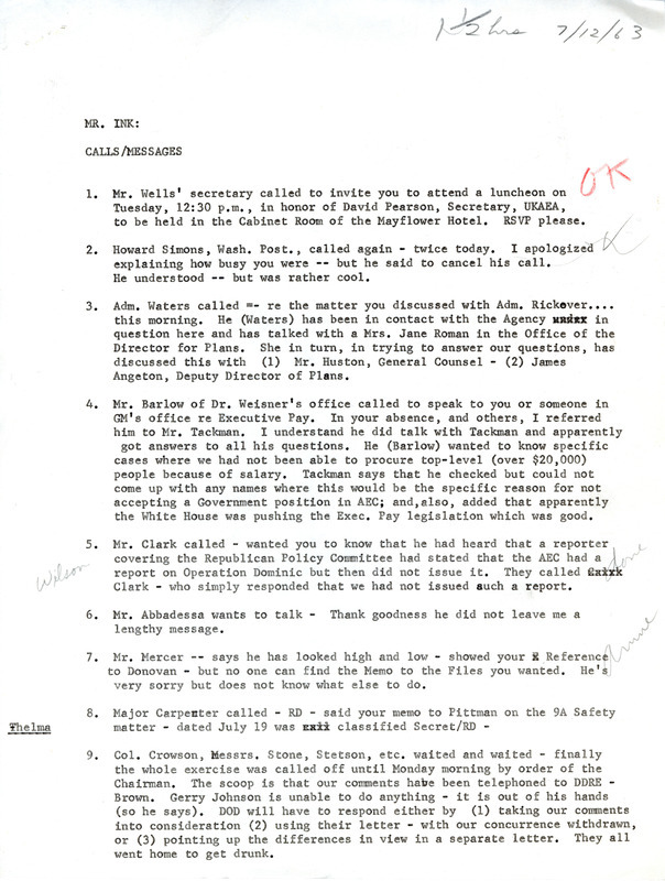 List of calls and messages received for Dwight Ink on July 12, 1963