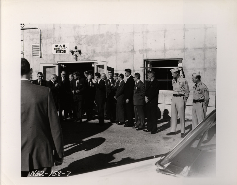 Photograph of President John F. Kennedy and others during his 1962 visit to Los Alamos National Laboratory