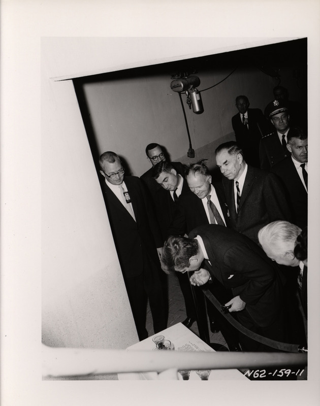 Photograph of President John F. Kennedy and others during his 1962 visit to Los Alamos National Laboratory