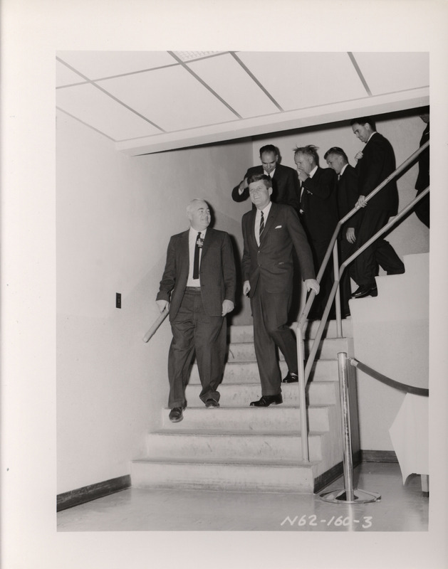 Photograph of President John F. Kennedy and others during his 1962 visit to Los Alamos National Laboratory