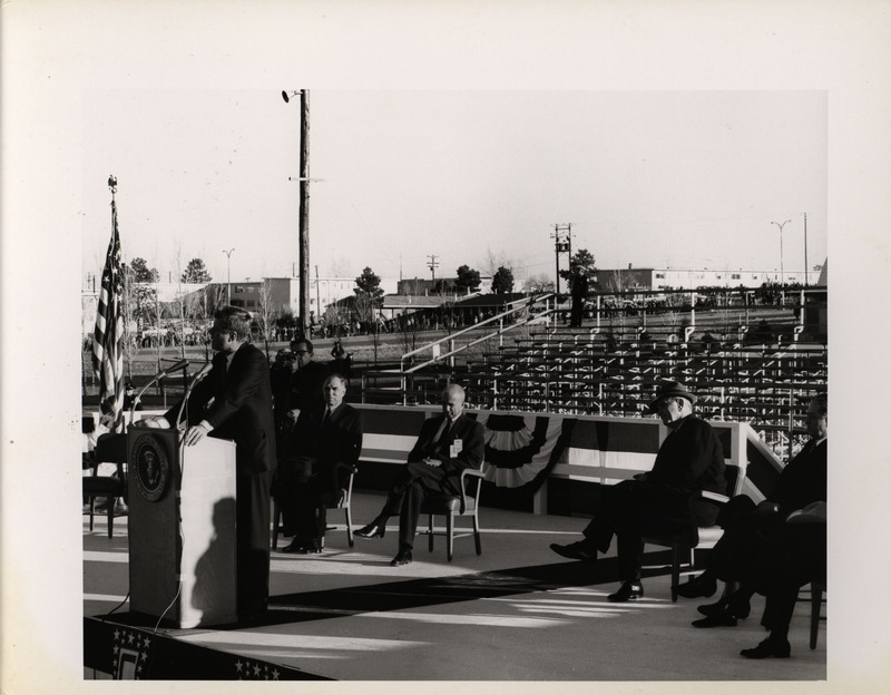 Photograph of President John F. Kennedy and others during his 1962 visit to Los Alamos National Laboratory
