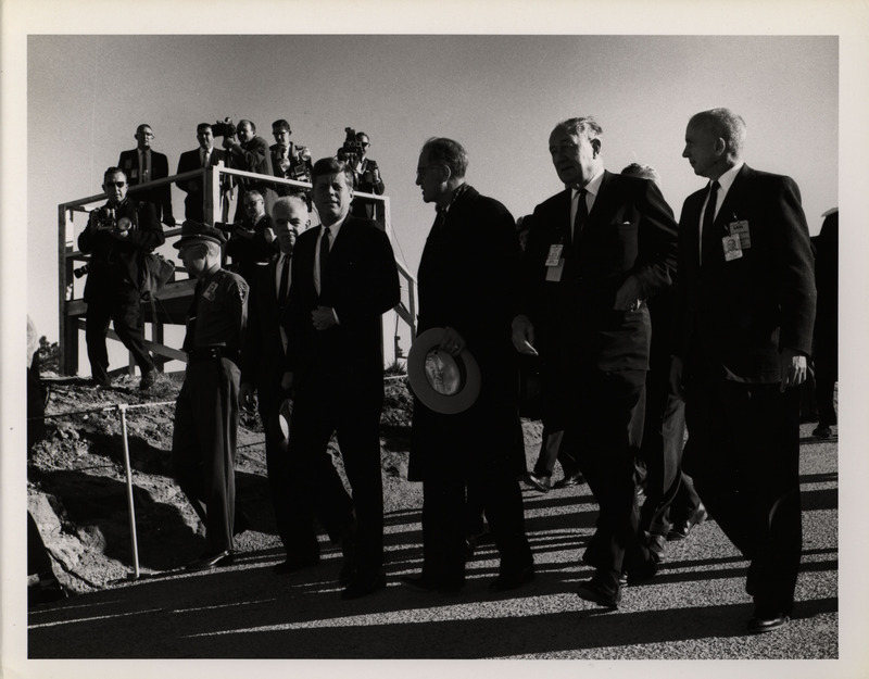 Photograph of President John F. Kennedy and others during his 1962 visit to Los Alamos National Laboratory