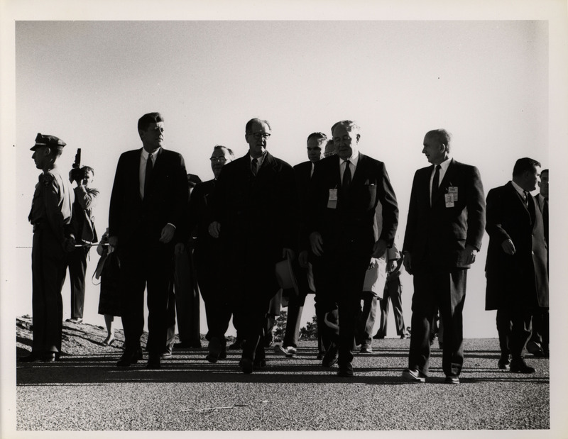 Photograph of President John F. Kennedy and others during his 1962 visit to Los Alamos National Laboratory