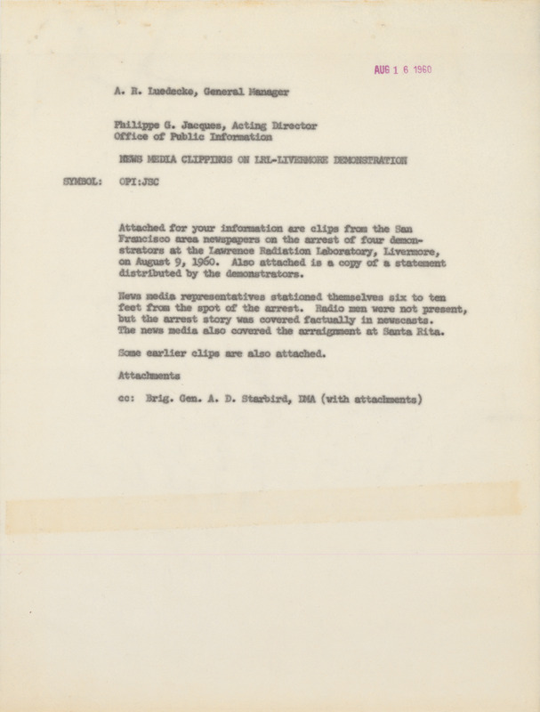 Philippe G. Jacques memorandum (carbon copy) to A. R. Luedecke regarding news media clippings on LRL-Livermore demonstration, August 16, 1960