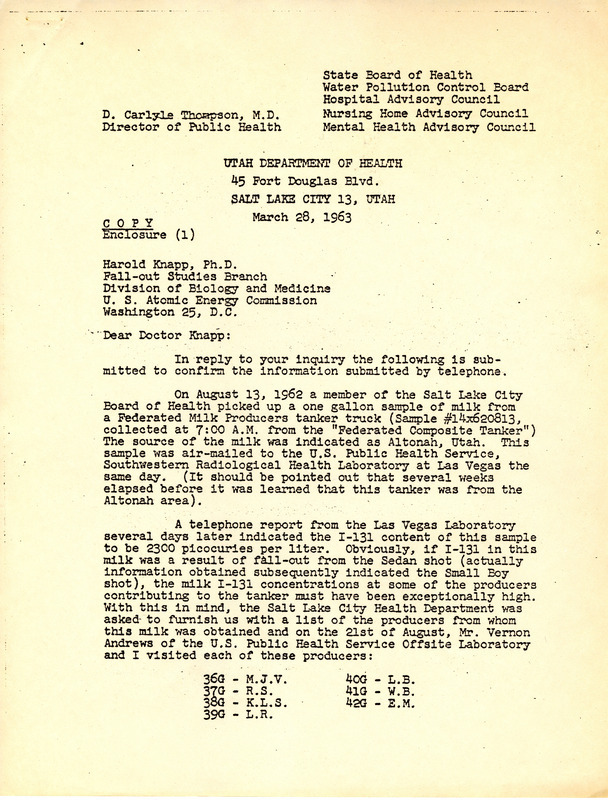 D. Carlyle Thompson letter to Harold Knapp, March 28, 1963