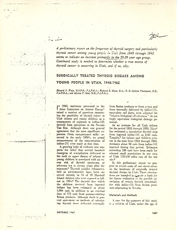 Surgically treated thyroid disease among young people in Utah, 1948-1962