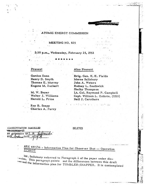 Annotation: "Atomic energy commission;Meeting no. 825;2:30 p.m., Wednesday, February 25, 1953"