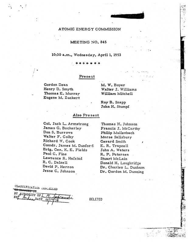 Annotation: "Atomic energy commission;Meeting no. 845;10:30 a.m., Wednesday, April 1, 1953"